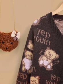 SHEIN EZwear Bear & Letter Pattern Drop Shoulder Cardigan - Coffee Brown - View 3