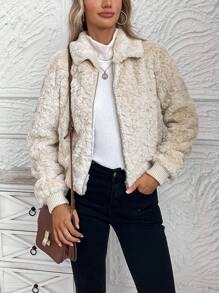 SHEIN LUNE Abrigo con cremallera de hombros caídos de peluche
