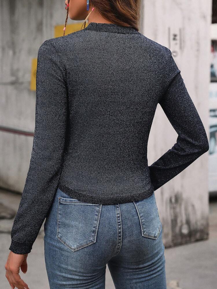 Cut Out Mock Neck Glitter Knit Pullover Fall Winter Sweater