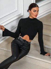 Allurite Mock Neck Asymmetrical Hem Crop Sweater