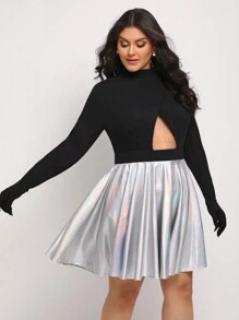 Serita Bell Designer Plus Mock Neck Cut Out Front Metallic Dress, Elegant Dress,Fall New Year Eve Outfit, For Autumn, Holiday, Party - Multicolor - View 1