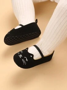 1pair Cartoon Embroidered Soft Sole Flat Shoes For 0-1 Year Old Baby Girls - Black - View 6
