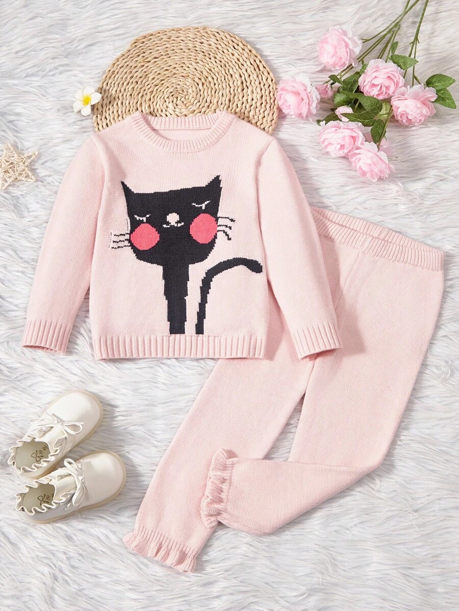SHEIN Cô Gái Trẻ Hình con mèo Áo len & Quần dệt kim - Hồng - Xem 1