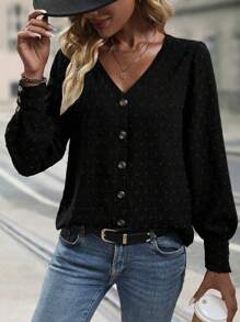 SHEIN LUNE Swiss Dot Button Front Bishop Sleeve Blouse - Black - View 1