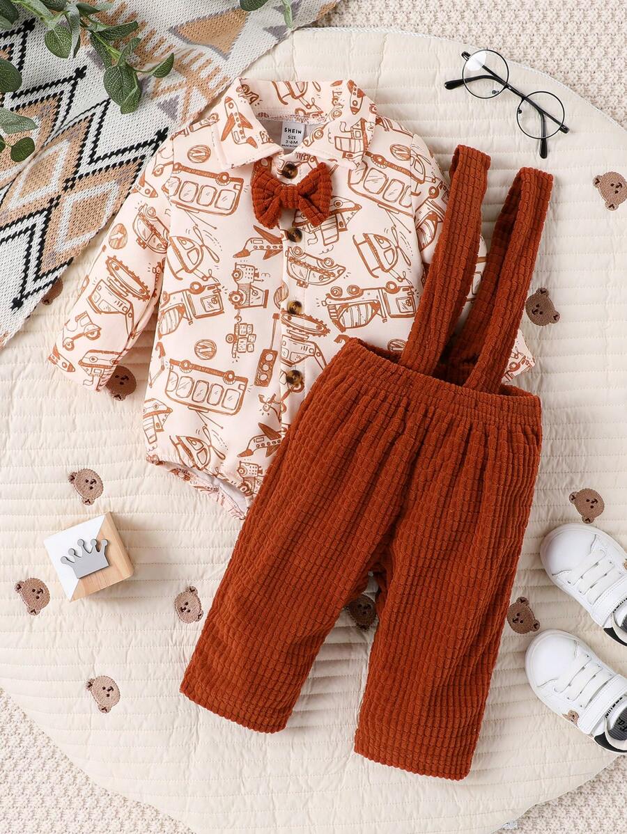 Baby Boy Cartoon Graphic Bow Front Bodysuit & Suspender Pants - Coffee Brown - View 1