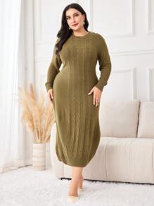 Mulvari Talla grande Vestido de punto unicolor tejido de cable de hombros caídos - Amarillo Mostaza - Ver 5