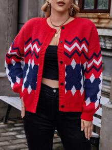 Flirla Plus Chevron Pattern Drop Shoulder Cardigan - Red - View 4