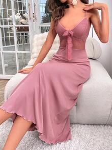 Vestido de dormir de tirantes con encaje en contraste con nudo delantero - Rosa - Ver 3