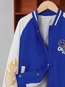 SHEIN Tween Boy Fire & Letter Graphic Raglan Sleeve Varsity Jacket - Blue - View 4