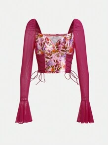 Agustina Correa Studio 印花側邊綁帶荷葉袖短款上衣 - 玫紅色 - 查看 1