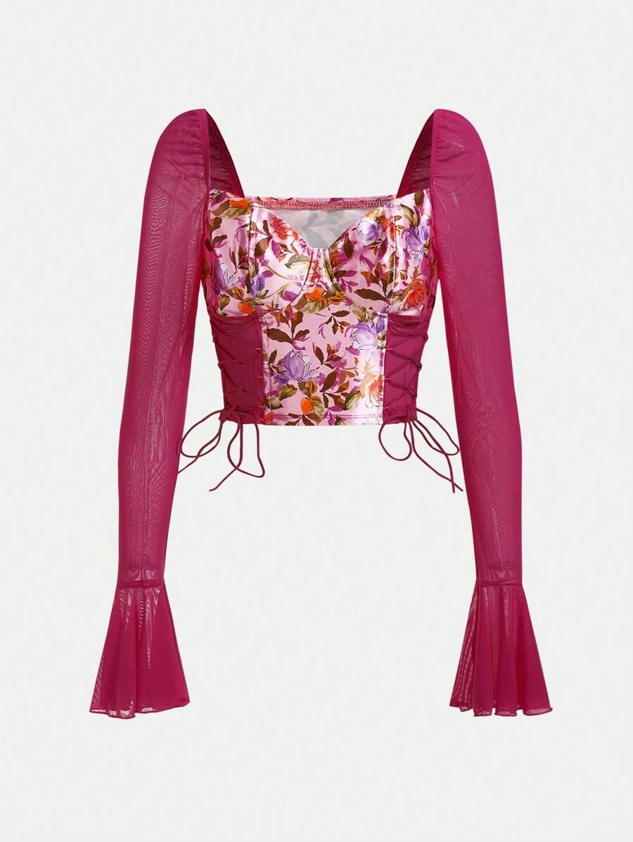 Agustina Correa Studio 印花側邊綁帶荷葉袖短款上衣 - 玫紅色 - 查看 1