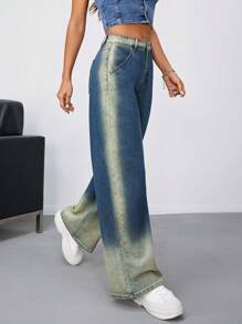 SHEIN EZwear 高腰闊腿牛仔褲 - 中等水洗藍 - 查看 5