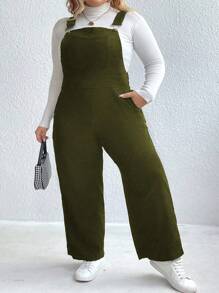SHEIN LUNE Plus Solid Slant Pocket Overall Jumpsuit Without Tee - Army Green - View 1