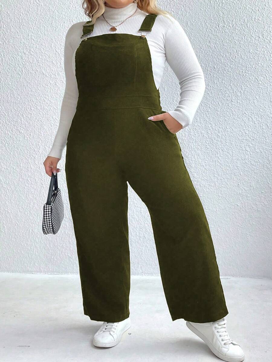 SHEIN LUNE Plus Solid Slant Pocket Overall Jumpsuit Without Tee - Army Green - View 1