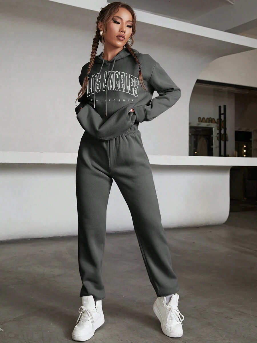 SHEIN EZwear Đồ họa Chữ cái Thả vai Dây rút Áo Hoodie & Quần thể thao - Màu xám đen - Xem 1