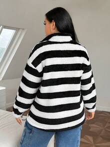 SHEIN EZwear 大碼條紋印花落肩袖絨毛運動衫 - 黑與白 - 查看 2