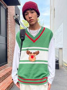 Manfinity Hypemode 男士1入組卡通刺繡條紋飾邊V領毛衣背心不帶T恤 - 綠色 - 查看 9