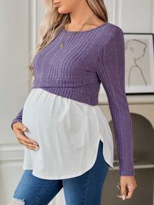 SHEIN 孕婦兩色羅紋針織荷葉邊哺乳 2 合 1T恤 - 淡紫色 - 查看 3