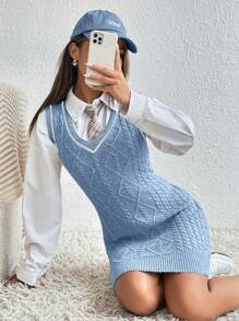 Flirla 1pc Striped Trim Cable Knit Sweater Dress