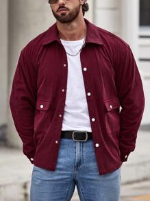 Manfinity Homme Men Flap Pocket Corduroy Shacket - Burgundy - View 4