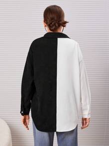 SHEIN Cămașă din velur cu umăr căzut, cu buzunare, pe două tonuri, pentru adolescentă