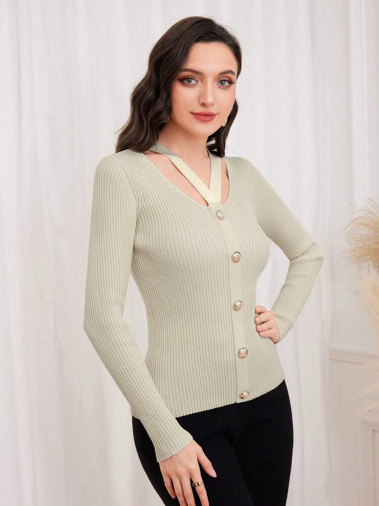 Cut Out Button Front Knit Pullover Fall Winter Sweater