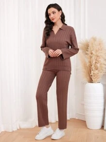 Seusyu 落肩袖套頭毛衣和針織褲 - 駝色 - 查看 3