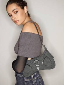 SHEIN X Lucía Bellido SHEIN ICON 女士水晶裝飾單肩包 - 灰色 - 查看 7