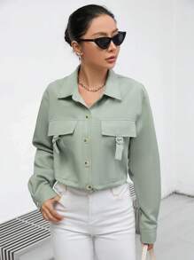 GENKIRA Flap Pocket Buckle Detail Button Front Shirt Fall Cloth For Women - Mint Green - View 4