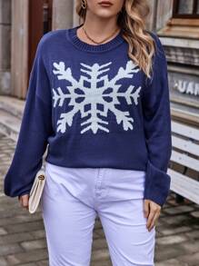 SHEIN Franclia 大碼雪花圖案落肩袖套頭毛衣 - 彩色 - 查看 4