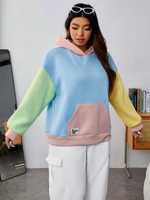 SHEIN Qutie 加大码撞色字母拼接袋鼠口袋落肩卫衣 - 黑色 - 查看 5