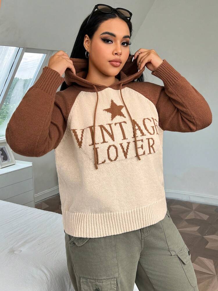 Plus Star & Slogan Pattern Raglan Sleeve Drawstring Hooded Sweater