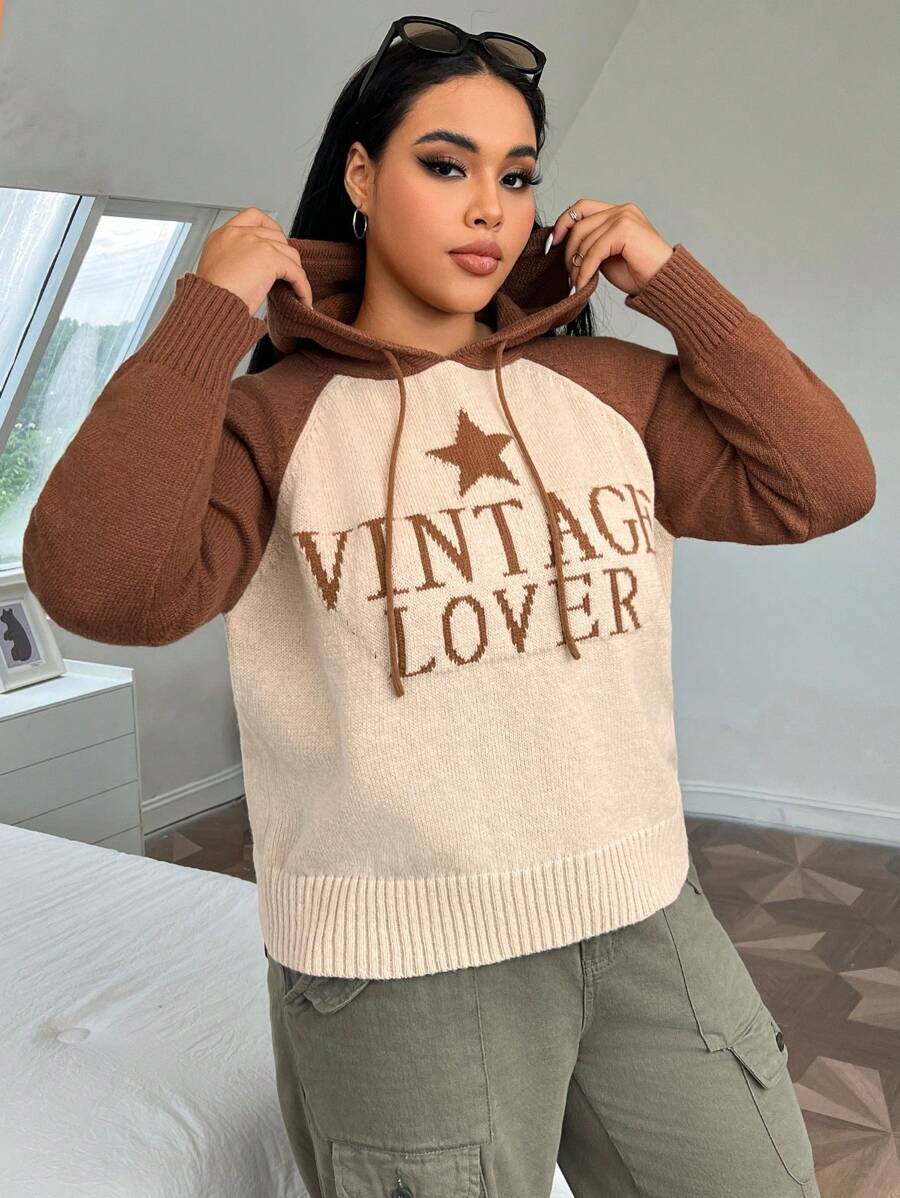 SHEIN EZwear Plus Star & Slogan Pattern Raglan Sleeve Drawstring Hooded Sweater - Rust Brown - View 1