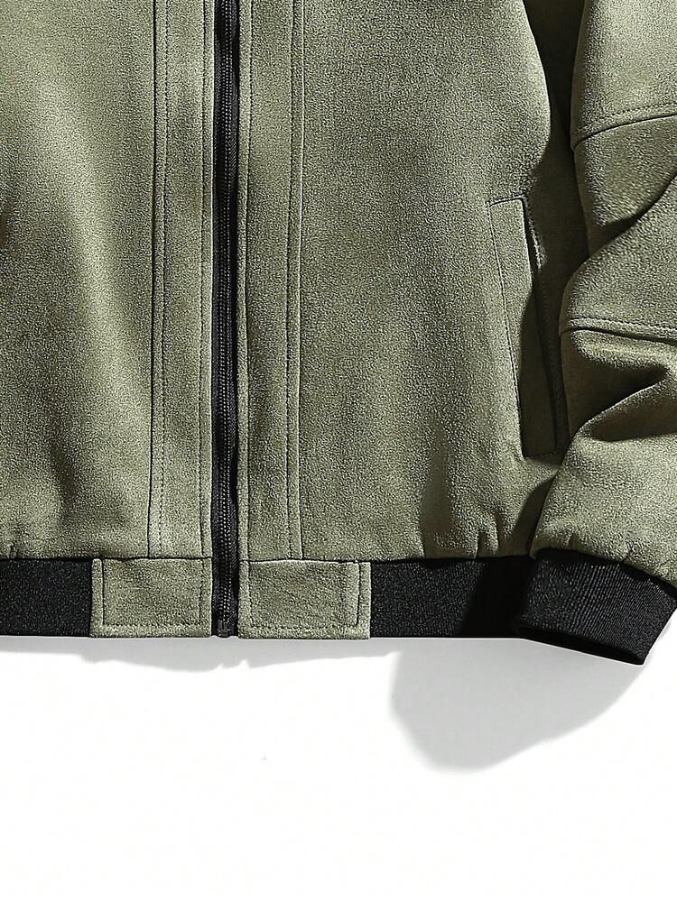 Loose Fit Men's Suedette Jacket With Slant Pockets, Zipper Closure And Thermal Lining