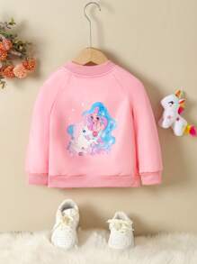 Baby Girl Cartoon Graphic Raglan Sleeve Zip Up Bomber Jacket - Pink - View 2