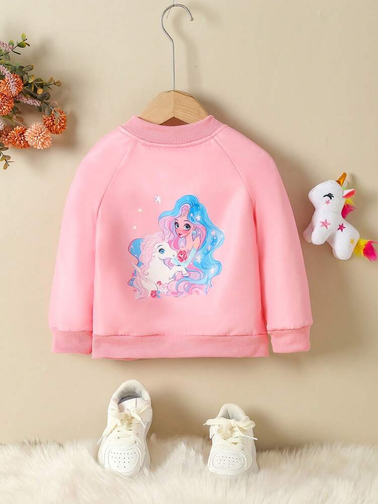 Baby Girl Cartoon Graphic Raglan Sleeve Zip Up Bomber Jacket