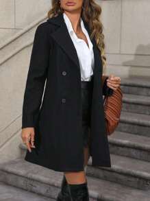 Leighera Lapel Neck Double Breasted Overcoat Fall Winter Cloth For Women - Black - View 4