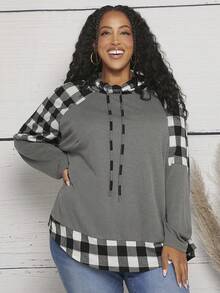 SHEIN CURVE+ Plus Size Plaid Raglan Sleeve Drawstring Sweatshirt - Multicolor - View 5