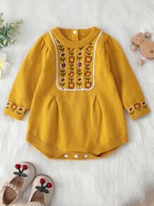 女嬰花卉圖案針織連身背心 - 黃色 - 查看 1