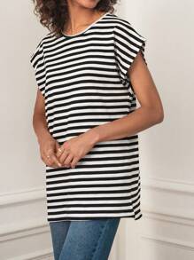 RueChic Striped Print Batwing Sleeve Tee - Multicolor - View 3