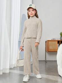 SHEIN 女大童小高領羅紋針織 T 恤和喇叭褲 - 杏色 - 查看 4