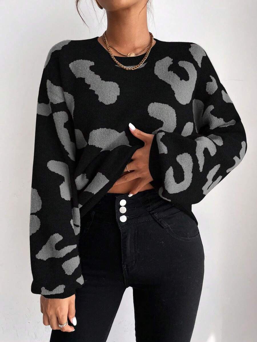 SHEIN LUNE Graphic Pattern Drop Shoulder Sweater,Long Sleeve Tops Knit Pullover Fall Winter Outfit - Multicolor - View 1