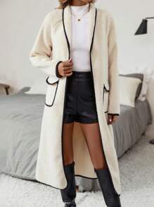 SHEIN Clasi Contrast Binding Dual Pocket Open Front Teddy Coat - Khaki - View 3