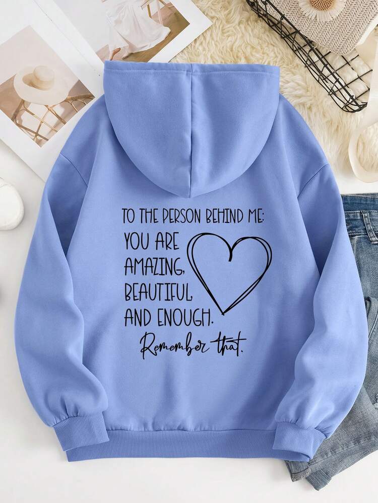 Plus Size Women Slogan & Heart Print Long Sleeve Casual Thermal Lined Sweatshirt, Autumn/Winter