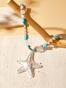SHEIN VCAY Bohemian Style Natural Stone & Starfish Shaped Short Necklace - Turquoise - View 5