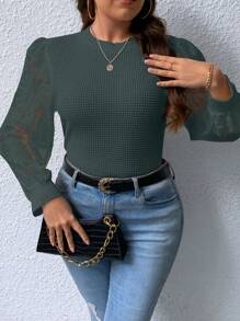 SHEIN Privé 大碼蕾絲拼接燈籠袖華夫格編織上衣 - 軍綠色 - 查看 1