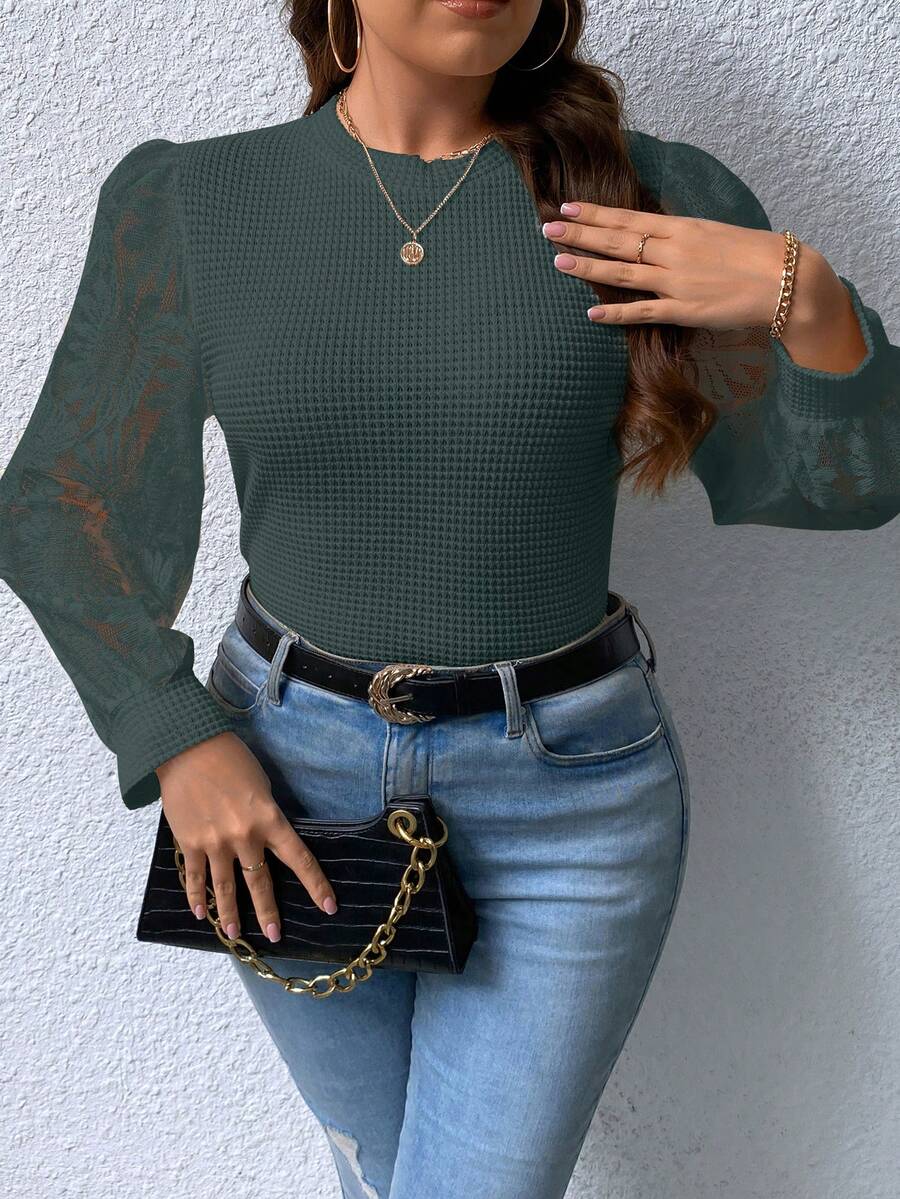 SHEIN Privé 大碼蕾絲拼接燈籠袖華夫格編織上衣 - 軍綠色 - 查看 1