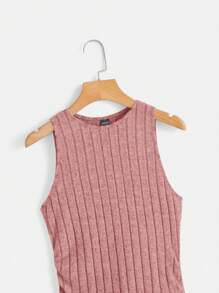 SHEIN EZwear Vestido sólido de talle alto con cordón ajustable, pliegues y aberturas a los costados de los muslos - Rosa vieja - Ver 3