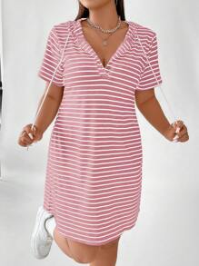 Flirla Plus Striped Drawstring Hooded Tee Dress, Summer - Pink - View 3