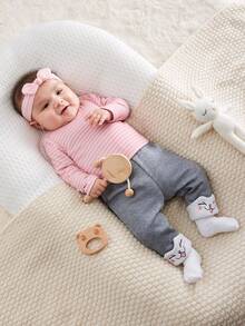 SHEIN Baby Girl Striped Print Patched Detail Tee - Pink - View 6